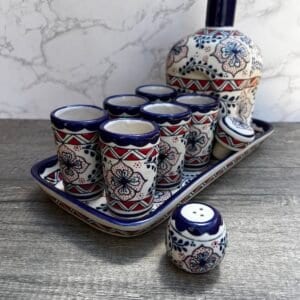 Puebla Tequila Shot glass set, Tequila Guadalajara Or Mezcal Talavera High Quality Pottery, Fathers day gift, Handpainted in Mexico, Folk Art 9 pzs