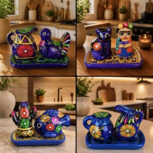 Salt And Pepper Shakers With Tray Made Of Clay Hand Painted Guerrero, Culture Of Mexico Salt And Pepper Set Lead Free Acrylic Paint
