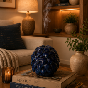 Handmade Ceramic Pinecone Incense Holder, Mexican Glazed Pottery, Blue Decorative Aromatherapy Burner, Artisan Clay Sculpture, Cone Incense