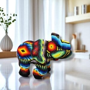 Elephant Statue  Huichol Sculpture Of Mexican Folk Art, Elephant sculpture Wixarika As A Mexican Decorative Figure , Made Of Resin And Beads