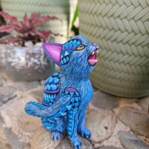 Cat Statue Mexican Folk Art Alebrije Sculpture, Wooden As Mexican Decoration Figurine, Made Of Wood And Carved By Hand