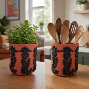 Embroidered Clay Planter Pot Oaxaca Filigrana Clay  Terracotta Flower Pot with Raised Floral Design, Red  Mexican Pottery  Artisans Handmade