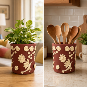 Embroidered Clay Planter Pot Oaxaca Filigrana Clay  Terracotta Flower Pot with Raised Floral Design, Red  Mexican Pottery  Artisans Handmade