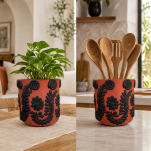 Embroidered Clay Planter Pot Oaxaca Filigrana Clay  Terracotta Flower Pot with Raised Floral Design, Red  Mexican Pottery  Artisans Handmade