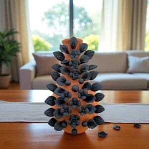 Handmade Oaxaca Clay Vase with Black Flowers, Mexican Barro Floral Decor Rustic Terracotta, Pottery Unique Artisan Vase Natural Clay