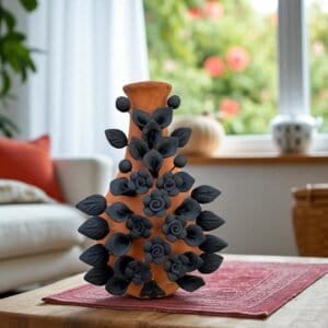 Handmade Oaxaca Clay Vase with Black Flowers, Mexican Barro Floral Decor Rustic Terracotta, Pottery Unique Artisan Vase Natural Clay