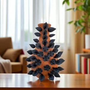 Handmade Oaxaca Clay Vase with Black Flowers, Mexican Barro Floral Decor Rustic Terracotta, Pottery Unique Artisan Vase Natural Clay