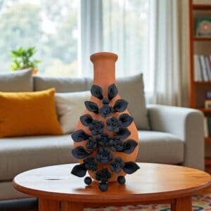 Handmade Oaxaca Clay Vase with Black Flowers, Mexican Barro Floral Decor Rustic Terracotta, Pottery Unique Artisan Vase Natural Clay