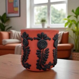 Embroidered Clay Planter Pot Oaxaca Filigrana Clay  Terracotta Flower Pot with Raised Floral Design, Red  Mexican Pottery  Artisans Handmade