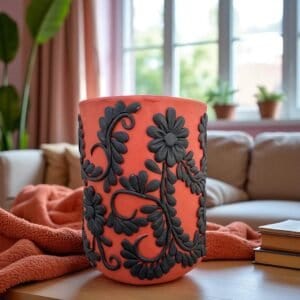 Embroidered Clay Planter Pot Oaxaca Filigrana Clay  Terracotta Flower Pot with Raised Floral Design, Red  Mexican Pottery  Artisans Handmade
