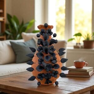 Handmade Oaxaca Clay Vase with Black Flowers, Mexican Barro Floral Decor Rustic Terracotta, Pottery Unique Artisan Vase Natural Clay