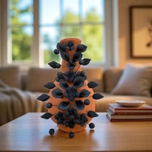 Handmade Oaxaca Clay Vase with Black Flowers, Mexican Barro Floral Decor Rustic Terracotta, Pottery Unique Artisan Vase Natural Clay