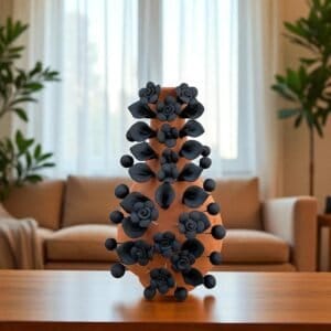 Handmade Oaxaca Clay Vase with Black Flowers, Mexican Barro Floral Decor Rustic Terracotta, Pottery Unique Artisan Vase Natural Clay