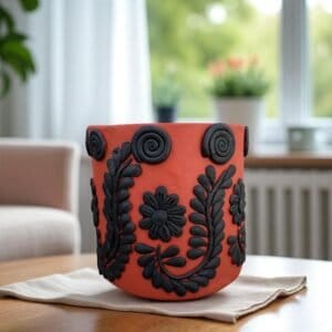 Embroidered Clay Planter Pot Oaxaca Filigrana Clay  Terracotta Flower Pot with Raised Floral Design, Red  Mexican Pottery  Artisans Handmade