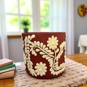 Embroidered Clay Planter Pot Oaxaca Filigrana Clay  Terracotta Flower Pot with Raised Floral Design, Red  Mexican Pottery  Artisans Handmade