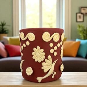 Embroidered Clay Planter Pot Oaxaca Filigrana Clay  Terracotta Flower Pot with Raised Floral Design, Red  Mexican Pottery  Artisans Handmade