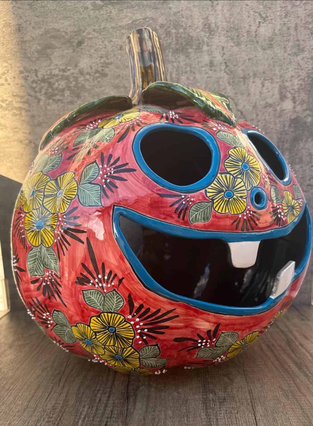 Talavera Halloween Pumpkin  Handmade Colorful  Ceramic Jack-O’-Lantern Artisan Pottery from Puebla Unique Fall & Day of the Dead Spooky Art - Image 3