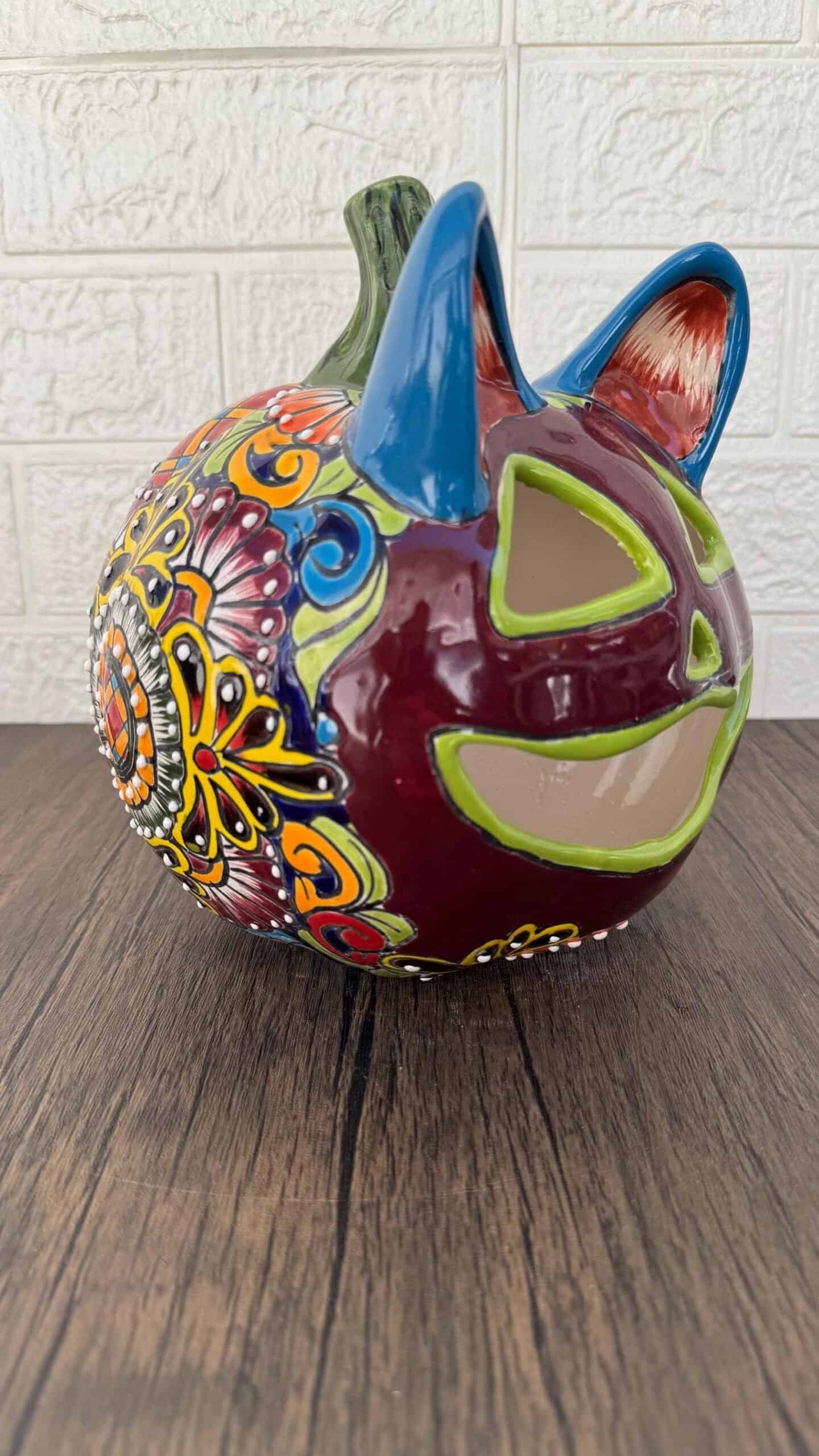 Talavera Halloween Pumpkin  Handmade Colorful  Ceramic Jack-O’-Lantern Artisan Pottery from Puebla Unique Fall & Day of the Dead Spooky Art - Image 3