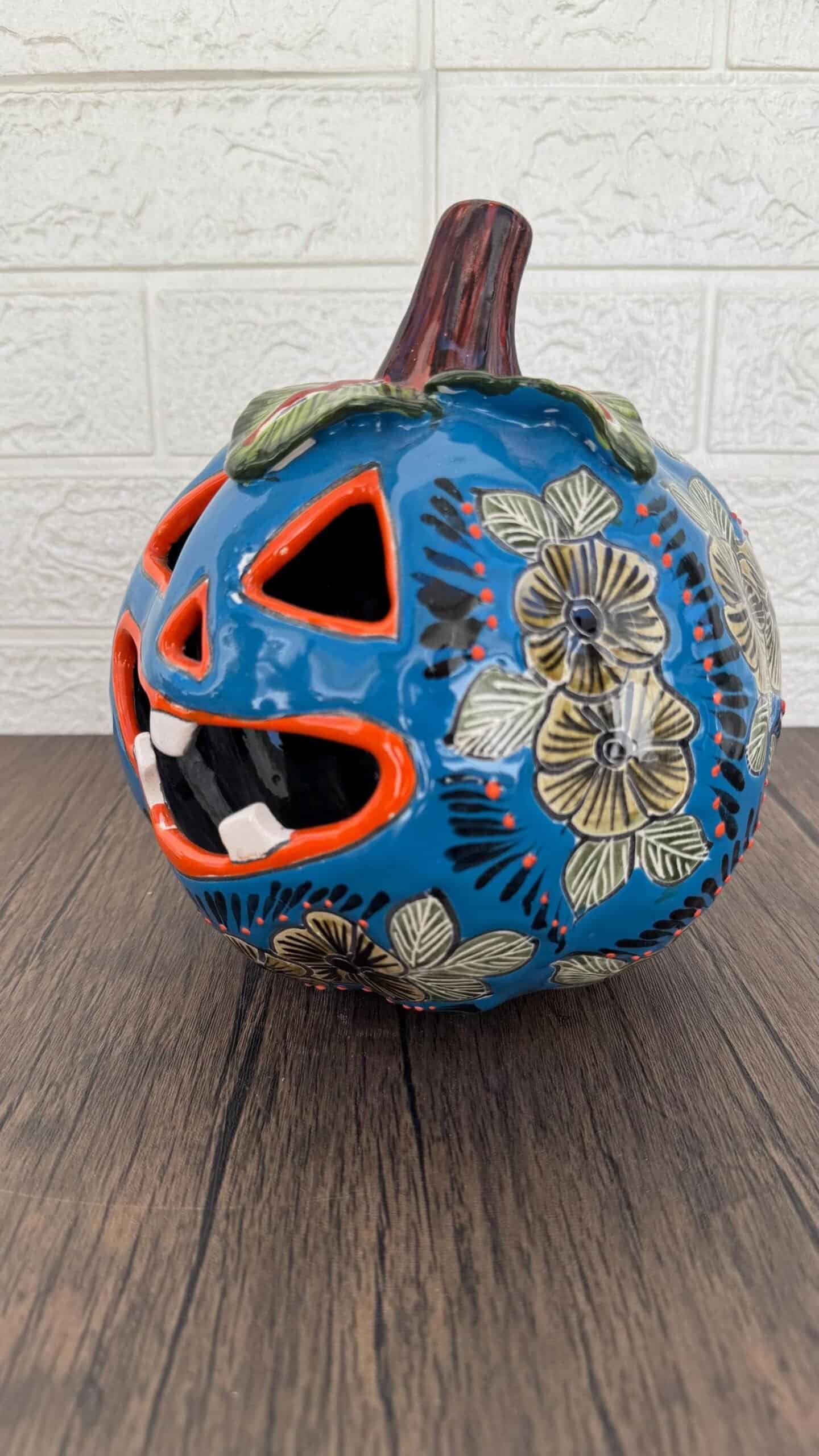 Talavera Halloween Pumpkin  Handmade Colorful  Ceramic Jack-O’-Lantern Artisan Pottery from Puebla Unique Fall & Day of the Dead Spooky Art - Image 3