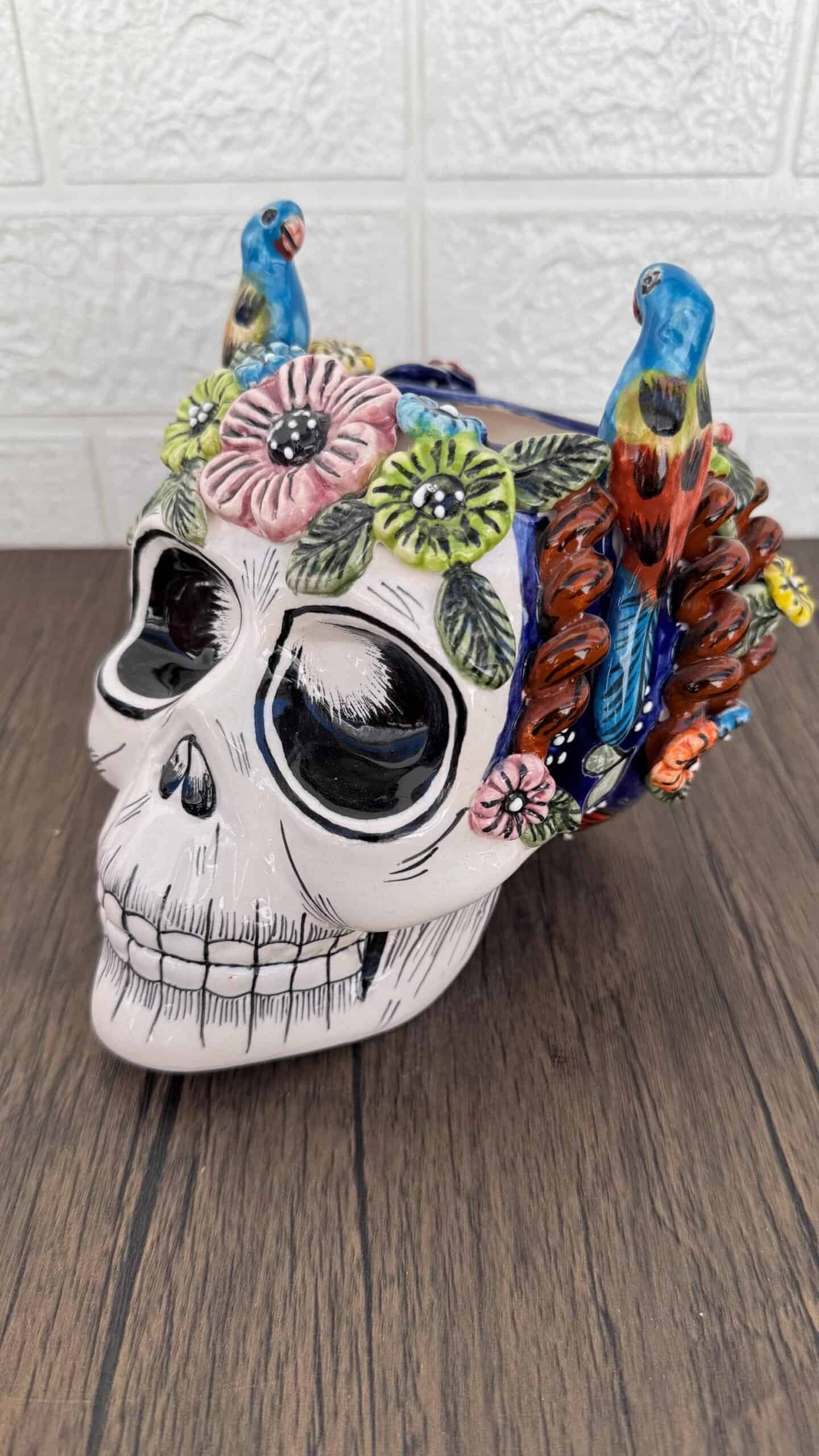 Skull Talavera Flower Vase Pot -Puebla Hand Painted Ceramic, Halloween, Día De Los Muertos Authentic Mexican Decor, Artisan-Crafted Floral - Image 3