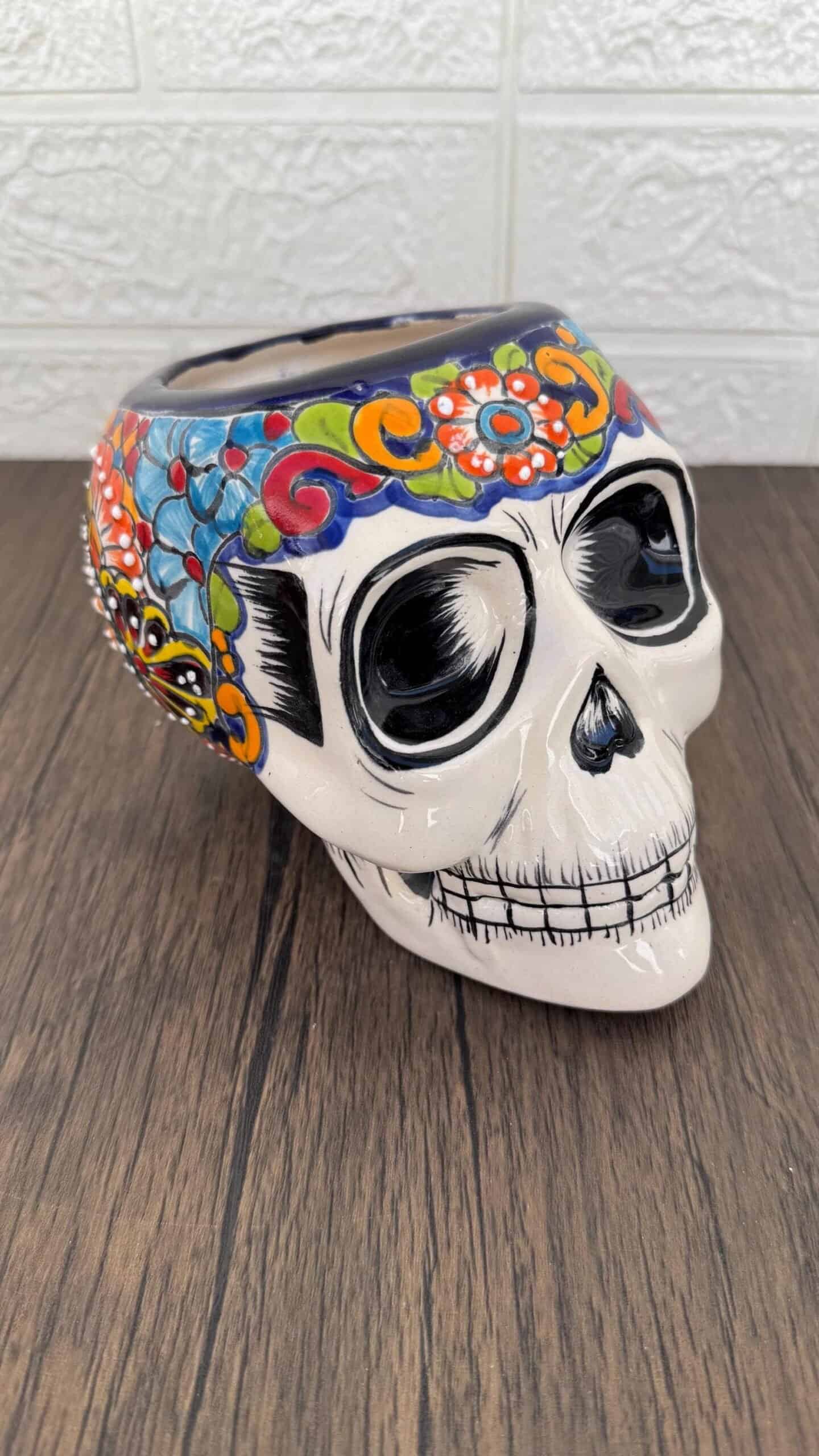 Skull Talavera Flower Vase Pot -Puebla Hand Painted Ceramic, Halloween, Día De Los Muertos Authentic Mexican Decor, Artisan-Crafted Floral - Image 3