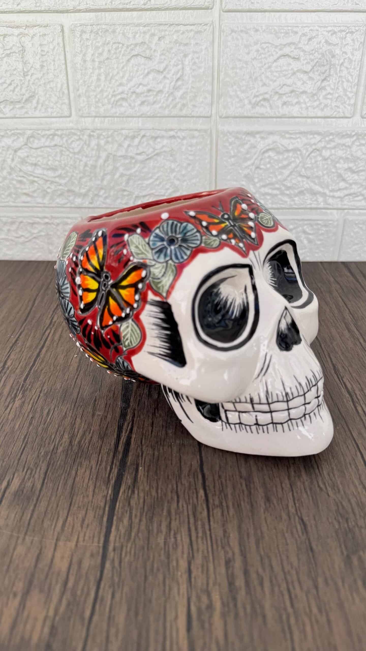 Skull Talavera Flower Vase Pot -Puebla Hand Painted Ceramic, Halloween, Día De Los Muertos Authentic Mexican Decor, Artisan-Crafted Floral - Image 3