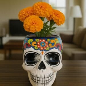 Skull Talavera Flower Vase Pot -Puebla Hand Painted Ceramic, Halloween, Día De Los Muertos Authentic Mexican Decor, Artisan-Crafted Floral
