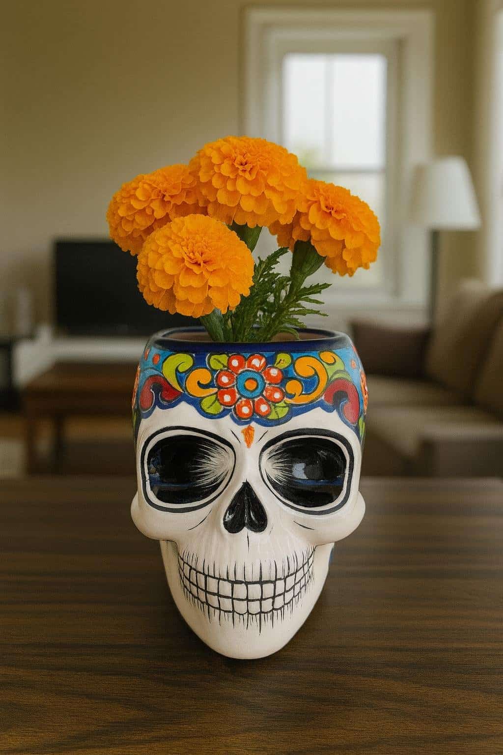 Skull Talavera Flower Vase Pot -Puebla Hand Painted Ceramic, Halloween, Día De Los Muertos Authentic Mexican Decor, Artisan-Crafted Floral - Image 1