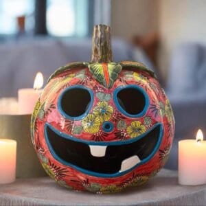 Talavera Halloween Pumpkin  Handmade Colorful  Ceramic Jack-O’-Lantern Artisan Pottery from Puebla Unique Fall & Day of the Dead Spooky Art