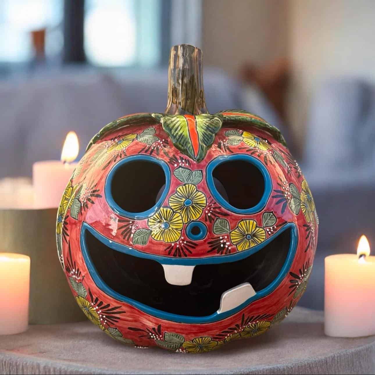 Talavera Halloween Pumpkin  Handmade Colorful  Ceramic Jack-O’-Lantern Artisan Pottery from Puebla Unique Fall & Day of the Dead Spooky Art - Image 1