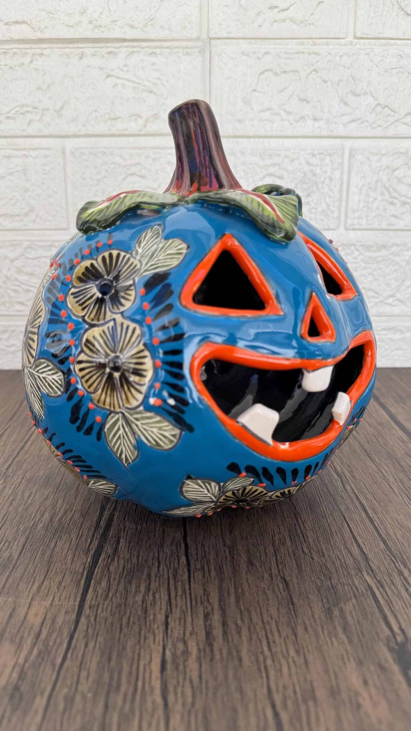 Talavera Halloween Pumpkin  Handmade Colorful  Ceramic Jack-O’-Lantern Artisan Pottery from Puebla Unique Fall & Day of the Dead Spooky Art - Image 2