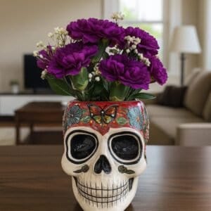 Skull Talavera Flower Vase Pot -Puebla Hand Painted Ceramic, Halloween, Día De Los Muertos Authentic Mexican Decor, Artisan-Crafted Floral