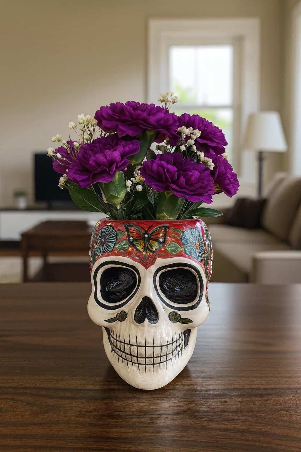 Skull Talavera Flower Vase Pot -Puebla Hand Painted Ceramic, Halloween, Día De Los Muertos Authentic Mexican Decor, Artisan-Crafted Floral - Image 1