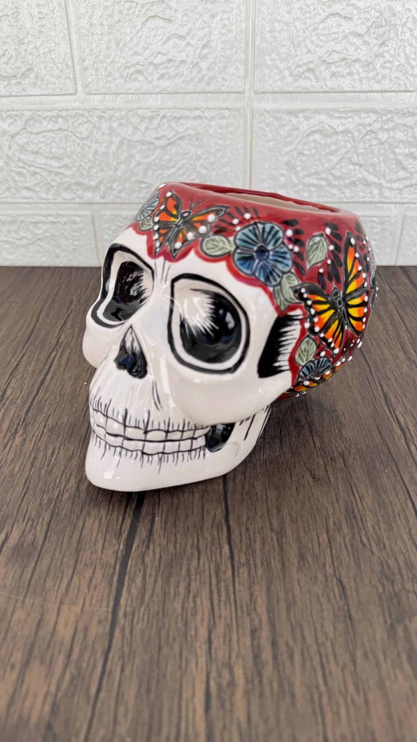 Skull Talavera Flower Vase Pot -Puebla Hand Painted Ceramic, Halloween, Día De Los Muertos Authentic Mexican Decor, Artisan-Crafted Floral - Image 2