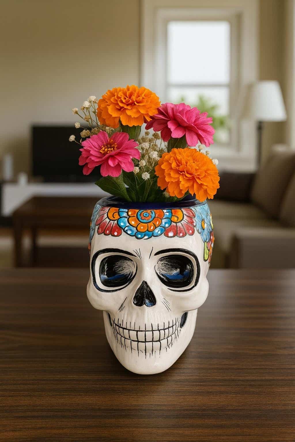 Skull Talavera Flower Vase Pot -Puebla Hand Painted Ceramic, Halloween, Día De Los Muertos Authentic Mexican Decor, Artisan-Crafted Floral - Image 1