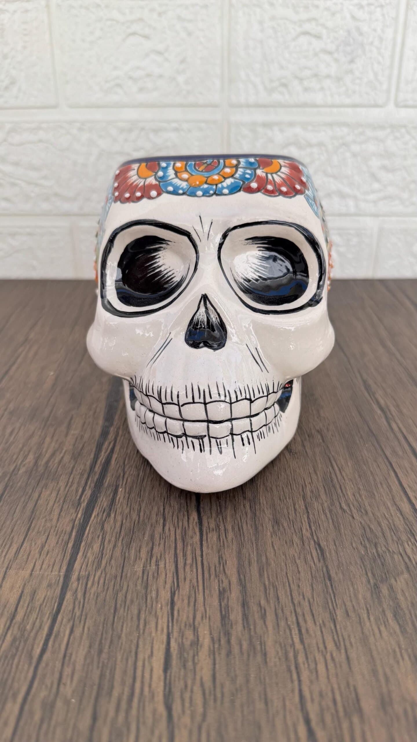 Skull Talavera Flower Vase Pot -Puebla Hand Painted Ceramic, Halloween, Día De Los Muertos Authentic Mexican Decor, Artisan-Crafted Floral - Image 2