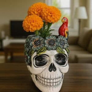 Skull Talavera Flower Vase Pot -Puebla Hand Painted Ceramic, Halloween, Día De Los Muertos Authentic Mexican Decor, Artisan-Crafted Floral