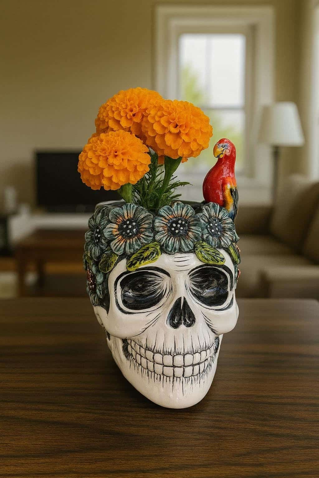 Skull Talavera Flower Vase Pot -Puebla Hand Painted Ceramic, Halloween, Día De Los Muertos Authentic Mexican Decor, Artisan-Crafted Floral - Image 1
