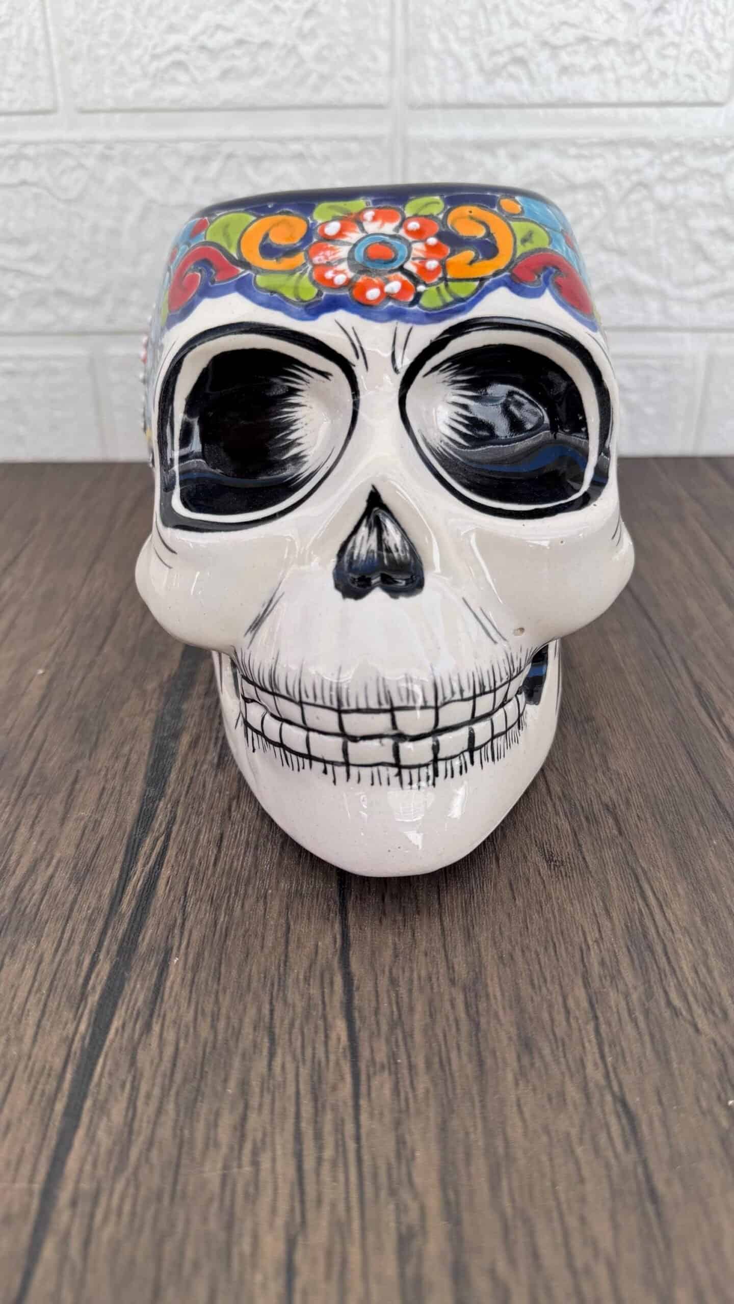 Skull Talavera Flower Vase Pot -Puebla Hand Painted Ceramic, Halloween, Día De Los Muertos Authentic Mexican Decor, Artisan-Crafted Floral - Image 2