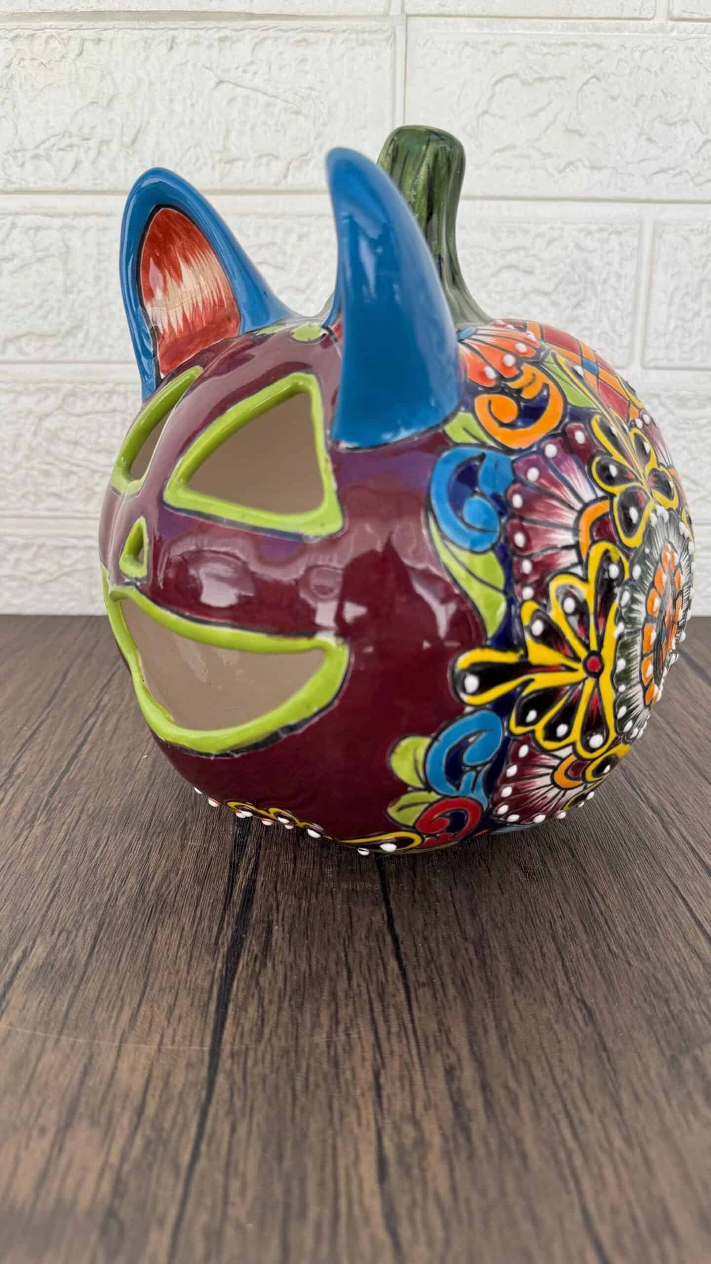 Talavera Halloween Pumpkin  Handmade Colorful  Ceramic Jack-O’-Lantern Artisan Pottery from Puebla Unique Fall & Day of the Dead Spooky Art - Image 2