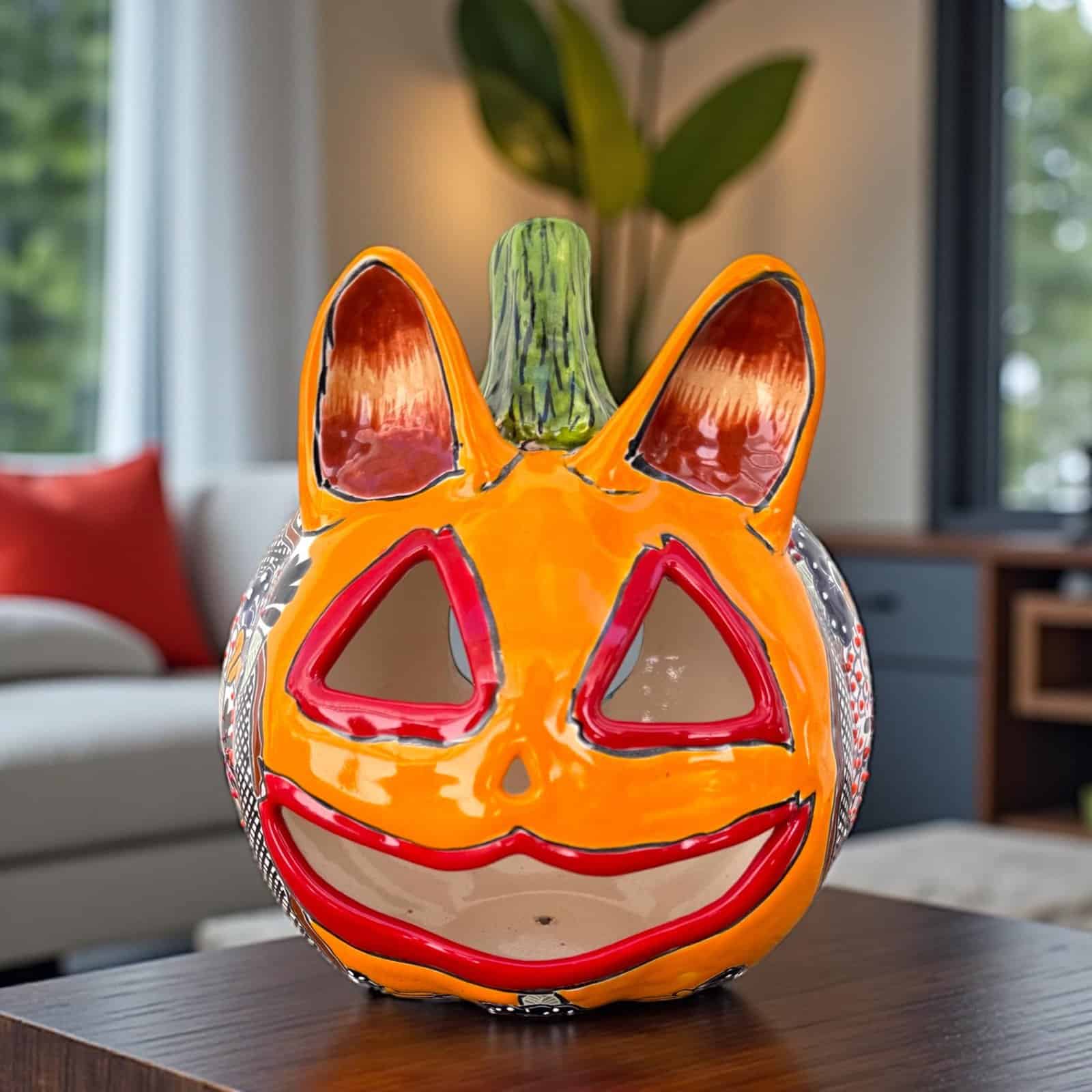 Talavera Halloween Pumpkin  Handmade Colorful  Ceramic Jack-O’-Lantern Artisan Pottery from Puebla Unique Fall & Day of the Dead Spooky Art - Image 1