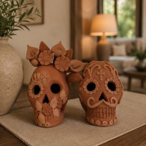 Couple Head Skull (2) Pigment Clay Skull Día De Los Muertos Frida Artistic  Oaxaca México By Artisans Handmade Crafts, Home Decor Folk Art