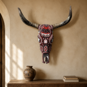 Bull Sculpture Huichol Statue Of Mexican Folk Art, Cow Wixarika As A Mexican Decorative Figure, Made Of Beads On Real Skull. “We Customize”