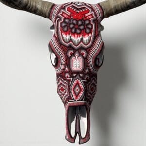 Bull Sculpture Huichol Statue Of Mexican Folk Art, Cow Wixarika As A Mexican Decorative Figure, Made Of Beads On Real Skull. “We Customize”