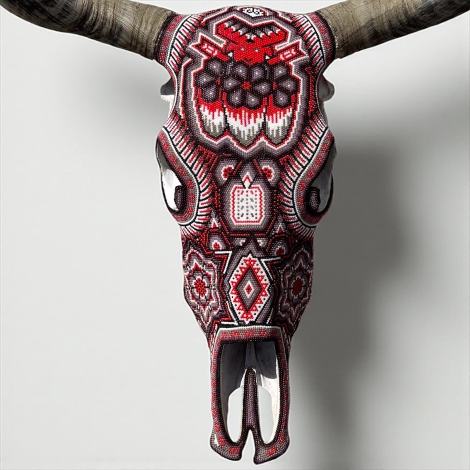 Bull Sculpture Huichol Statue Of Mexican Folk Art, Cow Wixarika As A Mexican Decorative Figure, Made Of Beads On Real Skull. “We Customize” - Image 1