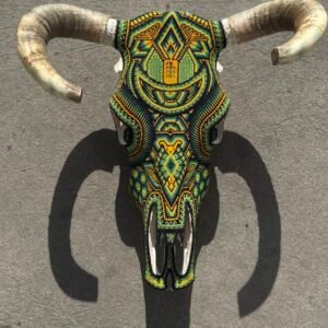 Bull Sculpture Huichol Statue Of Mexican Folk Art, Cow Wixarika  Made Of Beads On Real Skull