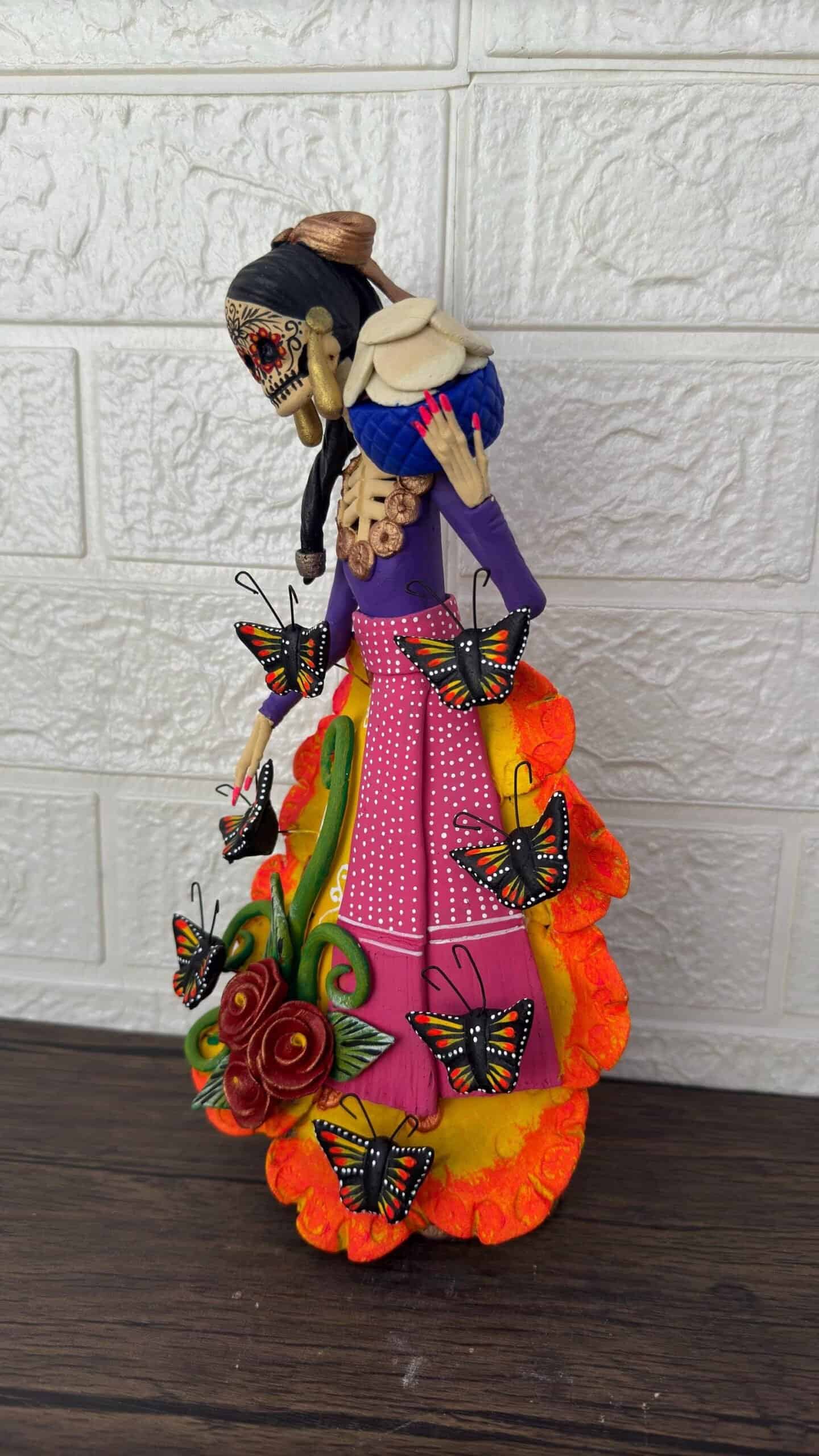 Catrina Skull Frida Kahlo Doll  Michoacan Mexico Made by Artisans Day Of The Dead  Human Skeleton  Mexican Decorations  Sugar Skull 13” T - Image 3