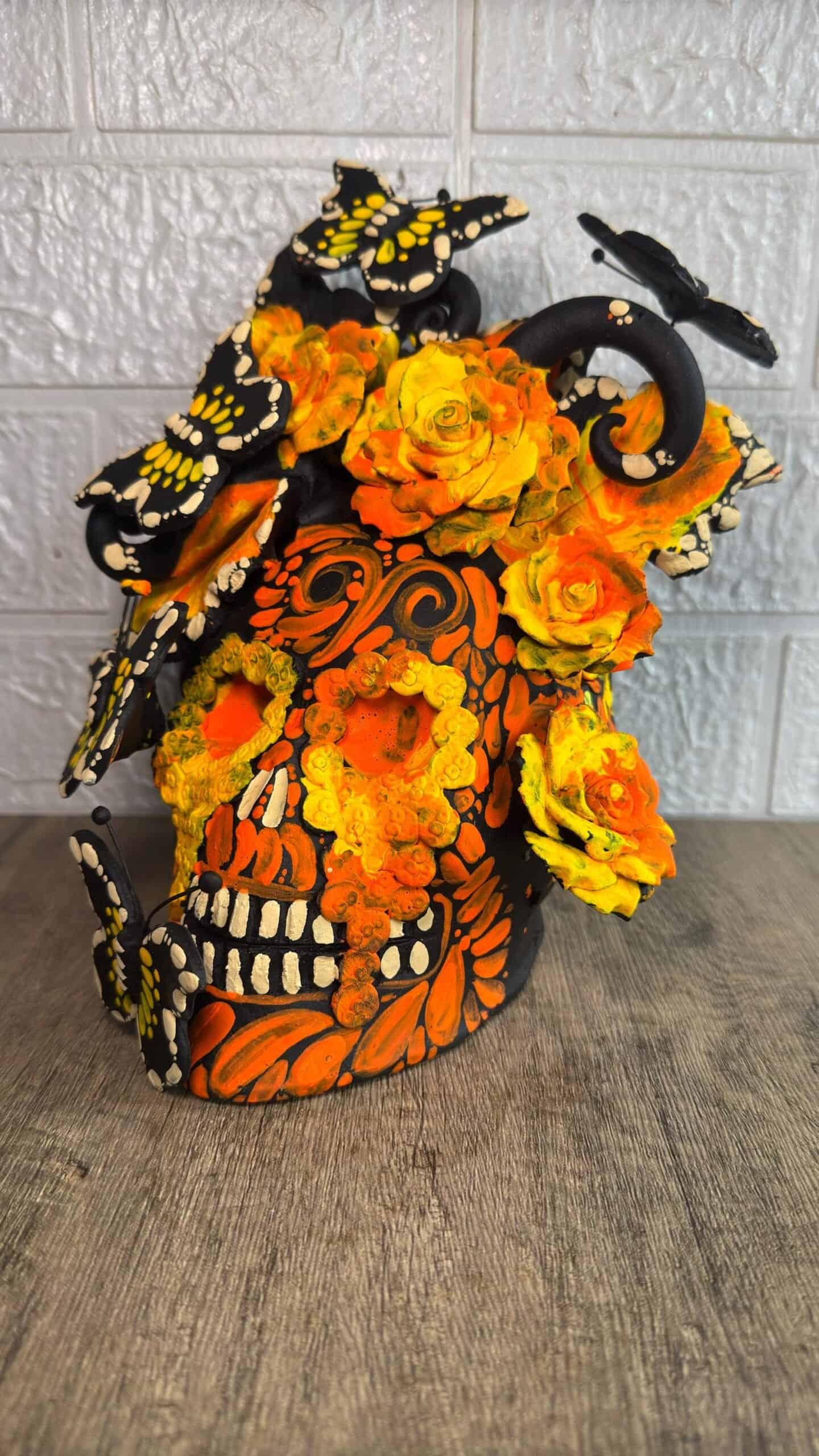 Handmade Mexican Clay Skull, Michoacán Day of the Dead Folk Art, Barro Decor with Flowers and Butterflies, Dia de los Muertos Calavera Altar - Image 3