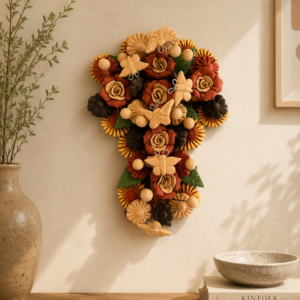 Crucifix Butterflie Roses, Folk art Cross Sculpture, Mexican Wall Hanging, Cross Figurine, Engobes Blancos Estado de México By Artisans