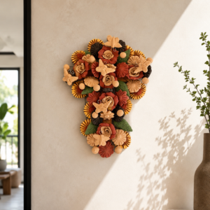 Crucifix Butterflie Roses, Folk art Cross Sculpture, Mexican Wall Hanging, Cross Figurine, Engobes Blancos Estado de México By Artisans
